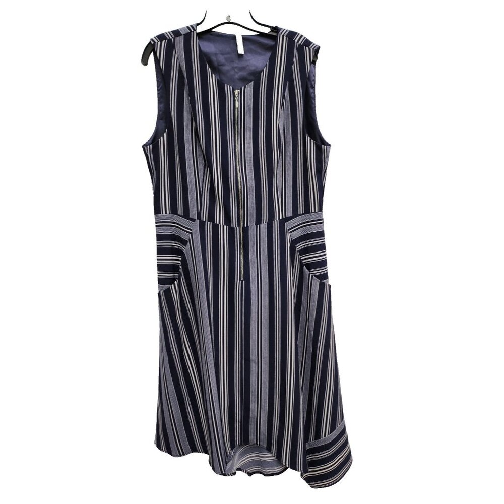 Last Tango Womens Lagenlook Midi Dress XL Navy Striped Sleeveless Asymmetrical
